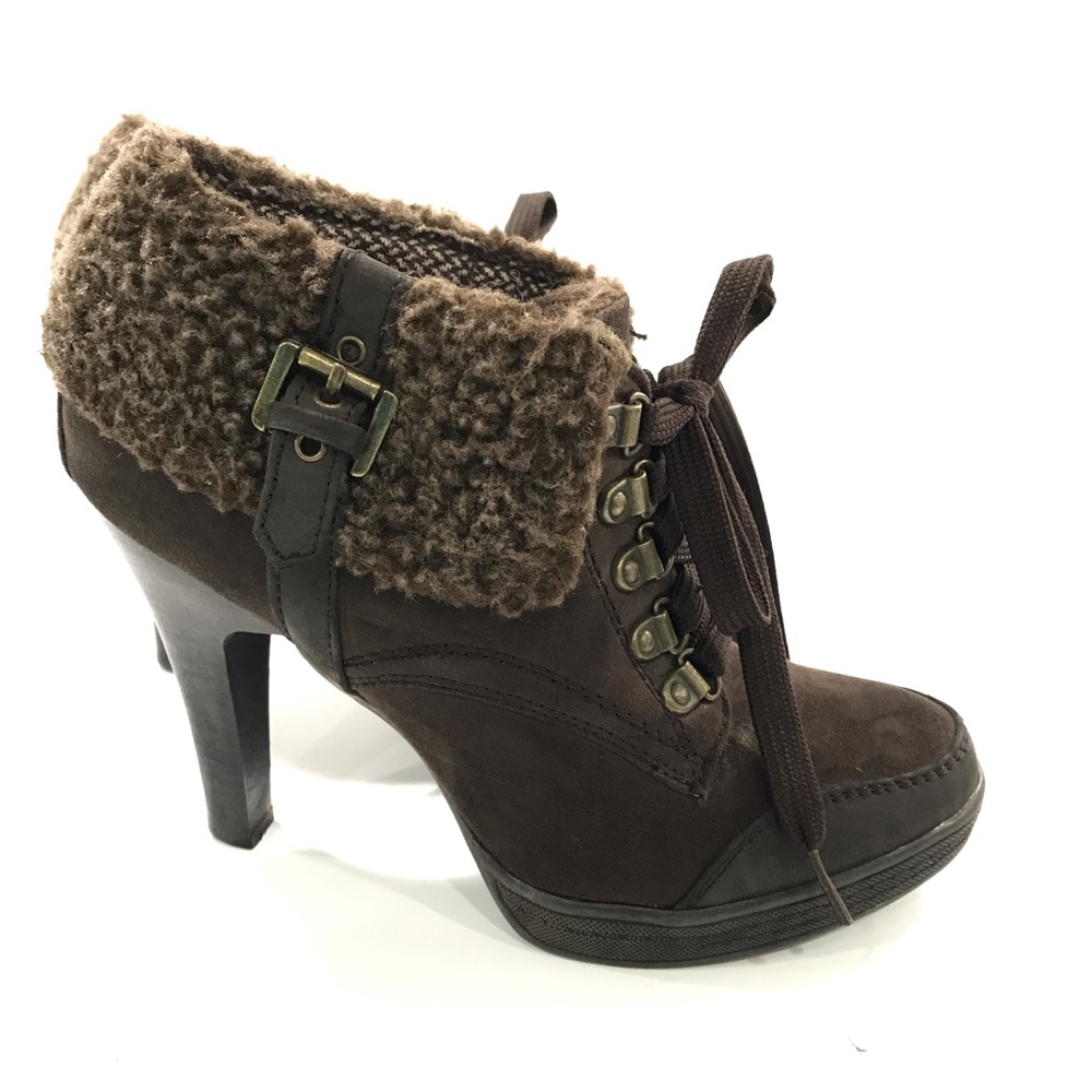 Limelight Brown Ankle Bootie Heels Lace Up  Fur Lined - Women’s 7